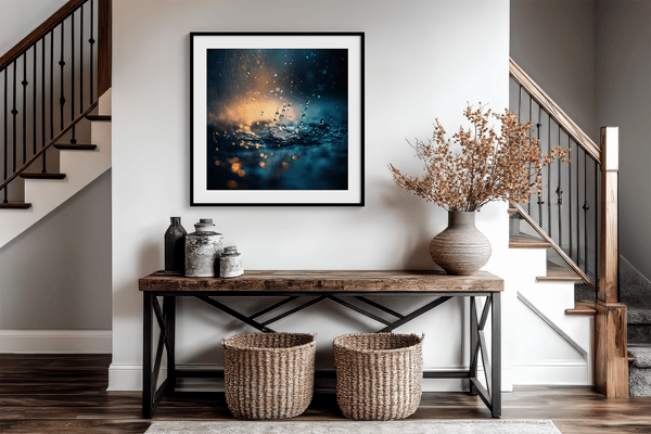 Capture serenity with vivid blues, greens, and golden light in this rainfall-inspired wall art print — a calming focal piece for any interior.
