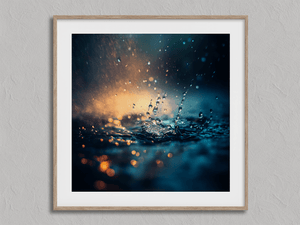 Framed rainfall wall art print with blue green water reflections and golden light
