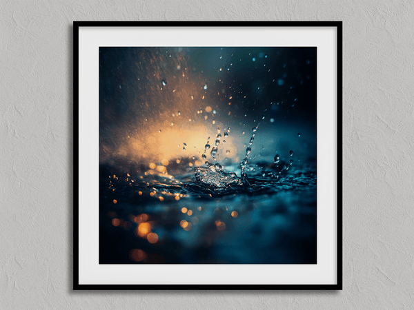 Capture serenity with vivid blues, greens, and golden light in this rainfall-inspired wall art print — a calming focal piece for any interior.