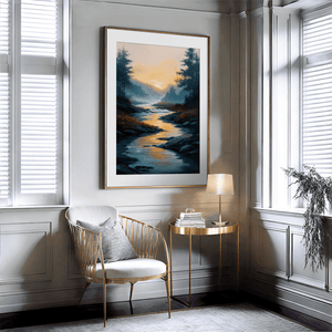 Sunrise river wall art print styled in a calm neutral interior