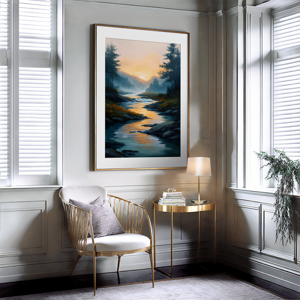 Framed wall art of a sunrise over a misty mountain river. Soft watercolours bring warmth and calm. Ready to hang.
