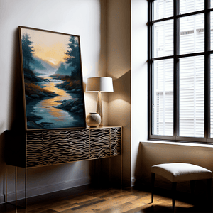 Sunrise river wall art print styled in a calm neutral interior