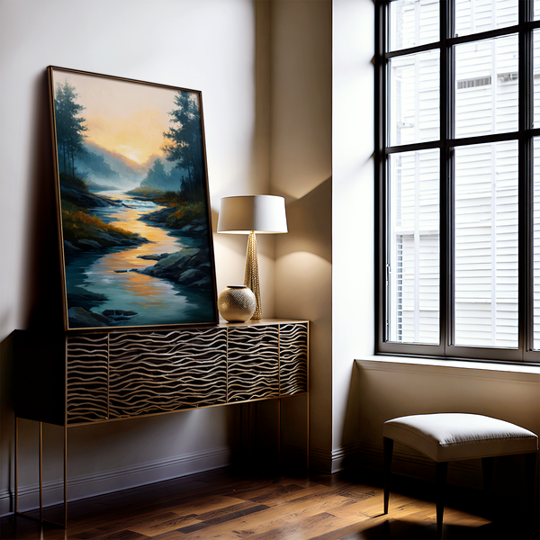 Framed wall art of a sunrise over a misty mountain river. Soft watercolours bring warmth and calm. Ready to hang.