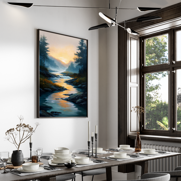 Framed wall art of a sunrise over a misty mountain river. Soft watercolours bring warmth and calm. Ready to hang.