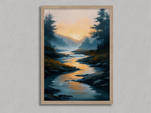 Framed misty river watercolour landscape print by Atelier Lumin