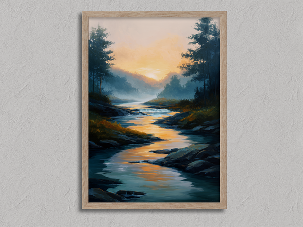 Framed wall art of a sunrise over a misty mountain river. Soft watercolours bring warmth and calm. Ready to hang.
