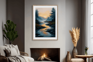 Sunrise river wall art print styled in a calm neutral interior