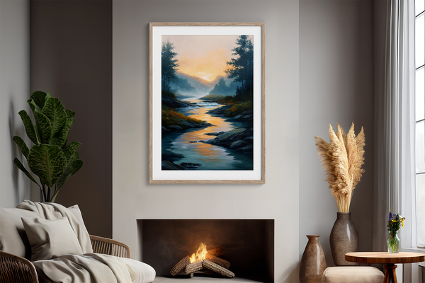 Framed wall art of a sunrise over a misty mountain river. Soft watercolours bring warmth and calm. Ready to hang.