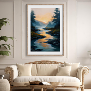 Framed wall art of a sunrise over a misty mountain river. Soft watercolours bring warmth and calm. Ready to hang.