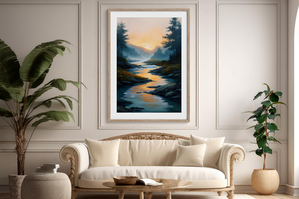 Framed wall art of a sunrise over a misty mountain river. Soft watercolours bring warmth and calm. Ready to hang.