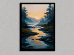 Framed misty river watercolour landscape print by Atelier Lumin