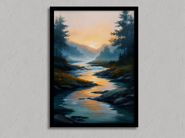 Framed wall art of a sunrise over a misty mountain river. Soft watercolours bring warmth and calm. Ready to hang.