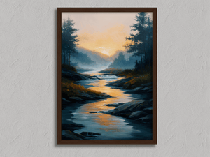 Framed misty river watercolour landscape print by Atelier Lumin