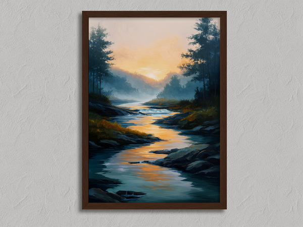 Framed wall art of a sunrise over a misty mountain river. Soft watercolours bring warmth and calm. Ready to hang.