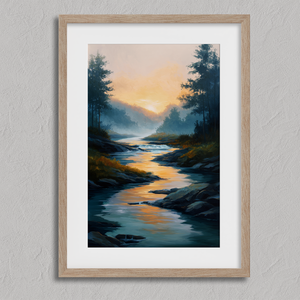 Framed wall art of a sunrise over a misty mountain river. Soft watercolours bring warmth and calm. Ready to hang.