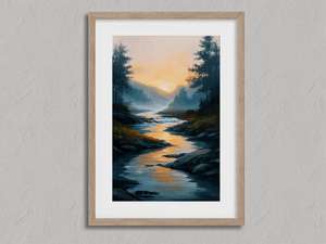 Framed sunrise river wall art print with golden dawn light and misty forest