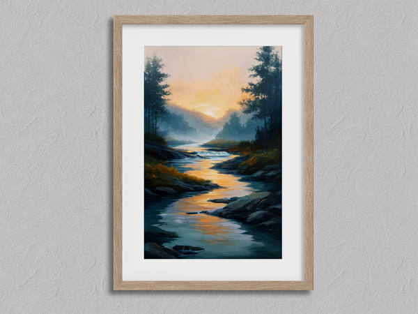 Framed wall art of a sunrise over a misty mountain river. Soft watercolours bring warmth and calm. Ready to hang.