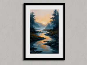 Framed misty river watercolour landscape print by Atelier Lumin