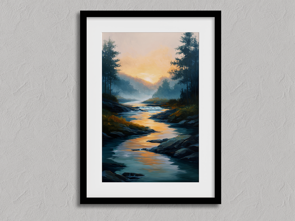 Framed wall art of a sunrise over a misty mountain river. Soft watercolours bring warmth and calm. Ready to hang.