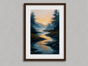 Framed misty river watercolour landscape print by Atelier Lumin