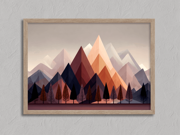 Discover Twilight Ember, a moody autumn fine art print of trees and mountains at dusk, blending aubergine, indigo, and soft peach.
