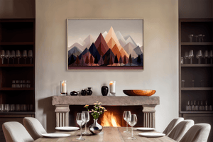 Mountain wall art styled in a calm neutral interior