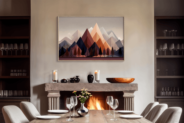 Discover Twilight Ember, a moody autumn fine art print of trees and mountains at dusk, blending aubergine, indigo, and soft peach.