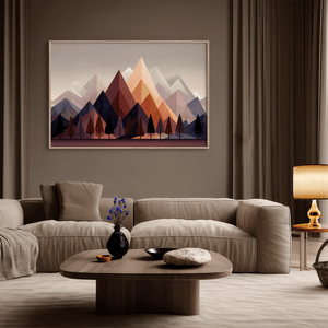 Discover Twilight Ember, a moody autumn fine art print of trees and mountains at dusk, blending aubergine, indigo, and soft peach.