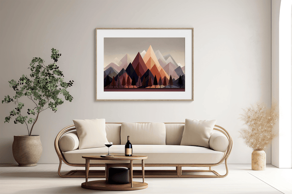 Discover Twilight Ember, a moody autumn fine art print of trees and mountains at dusk, blending aubergine, indigo, and soft peach.