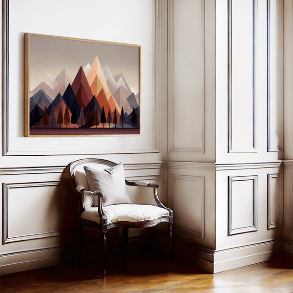 Discover Twilight Ember, a moody autumn fine art print of trees and mountains at dusk, blending aubergine, indigo, and soft peach.