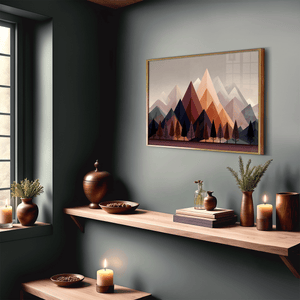 Mountain wall art styled in a calm neutral interior