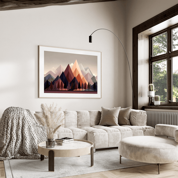 Discover Twilight Ember, a moody autumn fine art print of trees and mountains at dusk, blending aubergine, indigo, and soft peach.