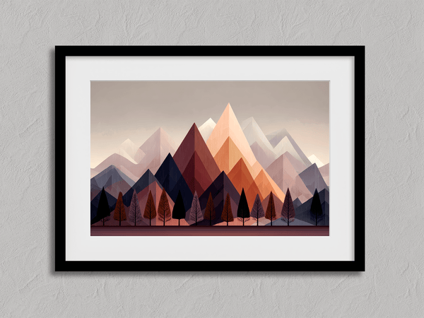 Discover Twilight Ember, a moody autumn fine art print of trees and mountains at dusk, blending aubergine, indigo, and soft peach.