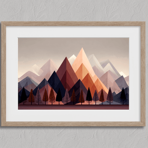 Discover Twilight Ember, a moody autumn fine art print of trees and mountains at dusk, blending aubergine, indigo, and soft peach.