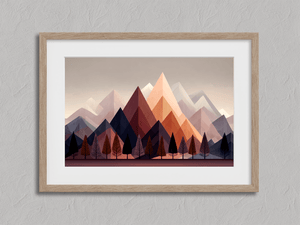 Framed mountain wall art print with indigo mountains and silhouetted trees
