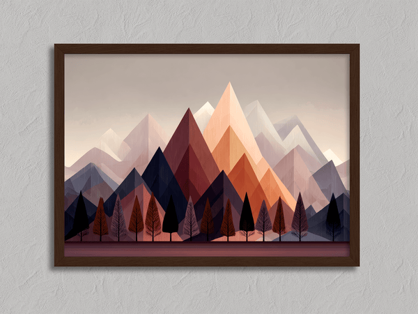 Discover Twilight Ember, a moody autumn fine art print of trees and mountains at dusk, blending aubergine, indigo, and soft peach.