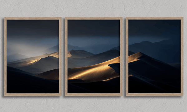 Discover Twilight Mirage, a panoramic desert dunes wall art print bathed in twilight glow with warm ambers and dusky blues.