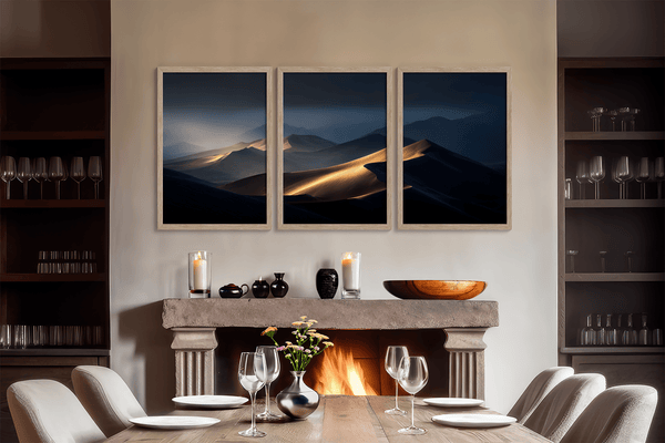 Discover Twilight Mirage, a panoramic desert dunes wall art print bathed in twilight glow with warm ambers and dusky blues.