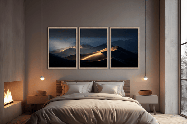 Discover Twilight Mirage, a panoramic desert dunes wall art print bathed in twilight glow with warm ambers and dusky blues.
