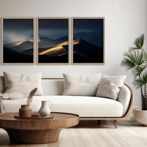 Discover Twilight Mirage, a panoramic desert dunes wall art print bathed in twilight glow with warm ambers and dusky blues.