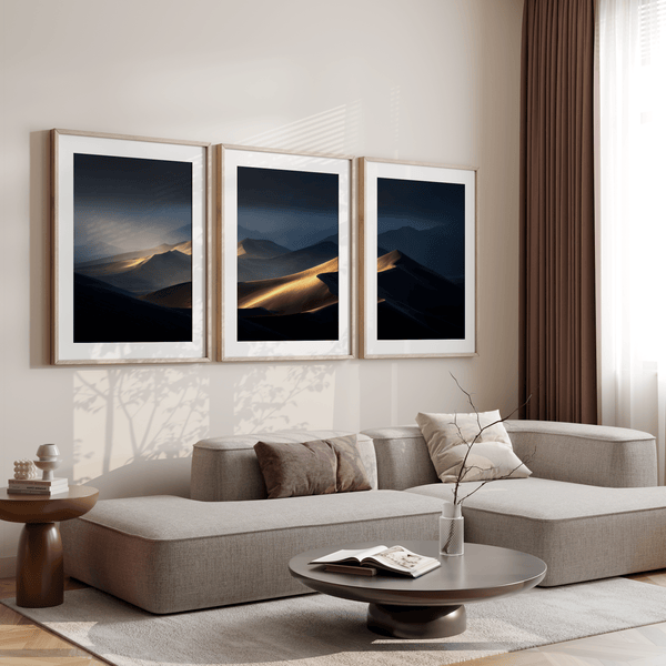 Discover Twilight Mirage, a panoramic desert dunes wall art print bathed in twilight glow with warm ambers and dusky blues.