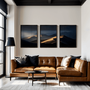 Desert triptych wall art styled in a calm neutral interior