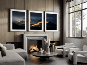 Desert triptych wall art styled in a calm neutral interior