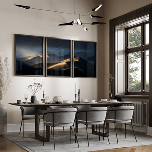 Desert triptych wall art styled in a calm neutral interior
