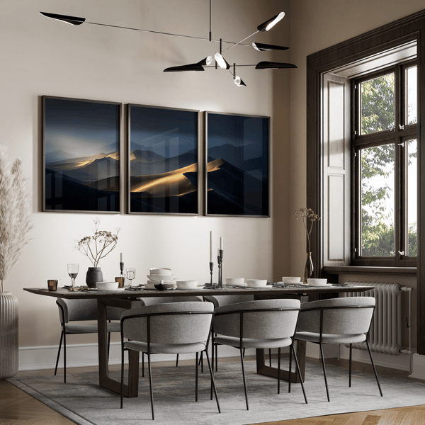 Discover Twilight Mirage, a panoramic desert dunes wall art print bathed in twilight glow with warm ambers and dusky blues.