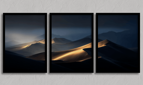 Discover Twilight Mirage, a panoramic desert dunes wall art print bathed in twilight glow with warm ambers and dusky blues.