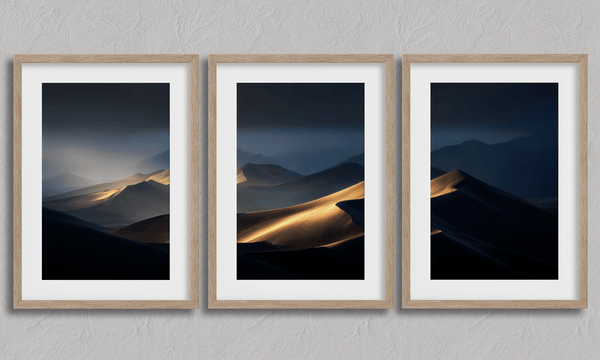 Discover Twilight Mirage, a panoramic desert dunes wall art print bathed in twilight glow with warm ambers and dusky blues.