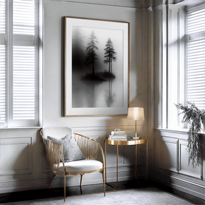 Black and white forest wall art styled in a calm neutral interior