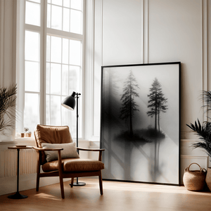 Black and white forest wall art styled in a calm neutral interior