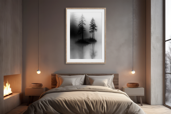 Framed wall art of two lone pines reflected in misty waters. A monochrome forest print evoking solitude and calm. Ready to hang.